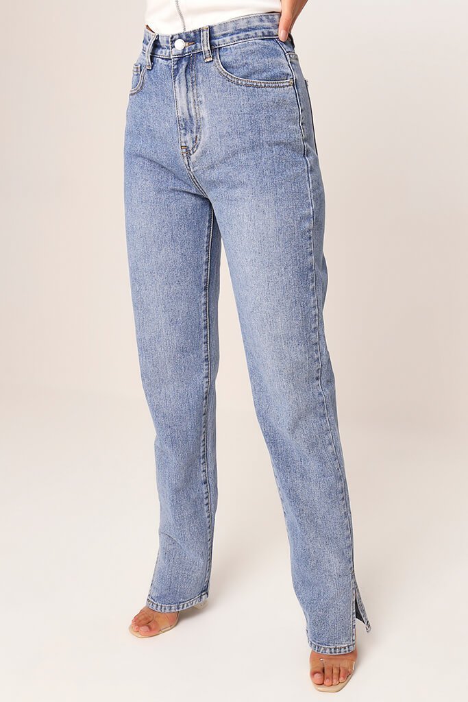 mid wash high waisted split hem jeans