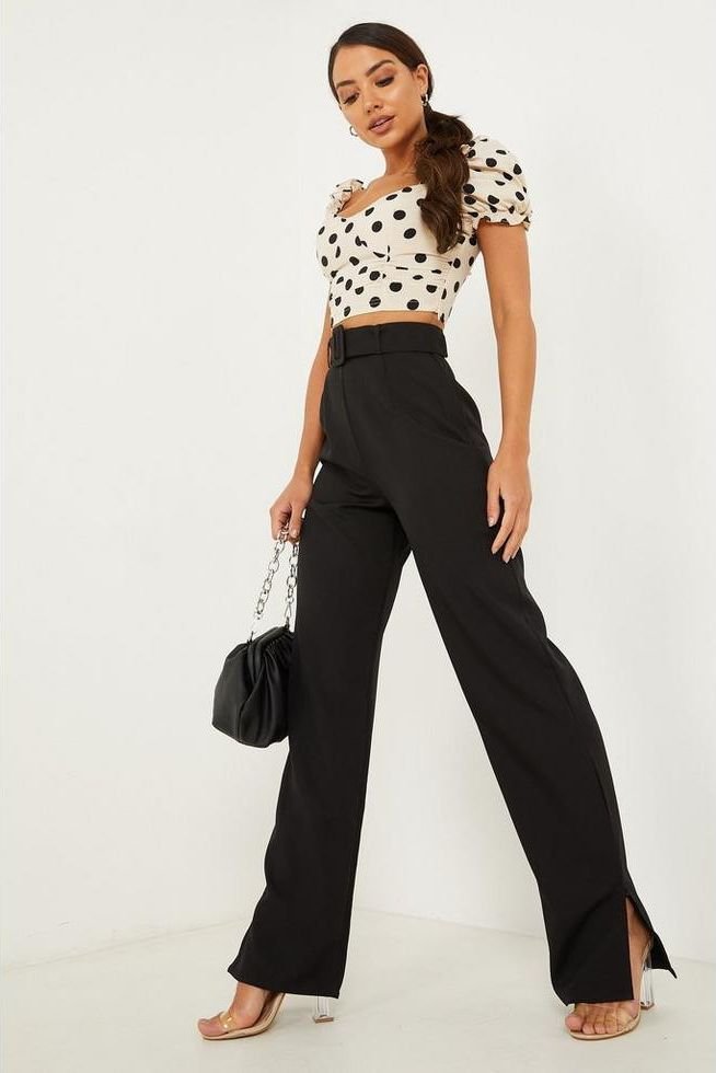 Belted High Waist Palazzo Trousers (Black)