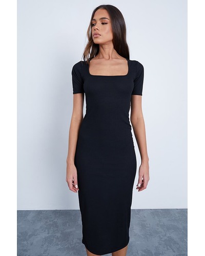 Rib Short Sleeve Square Neck Bodycon Midi Dress (Black) Rib Short Sleeve Square Neck Bodycon Midi Dress (Black)