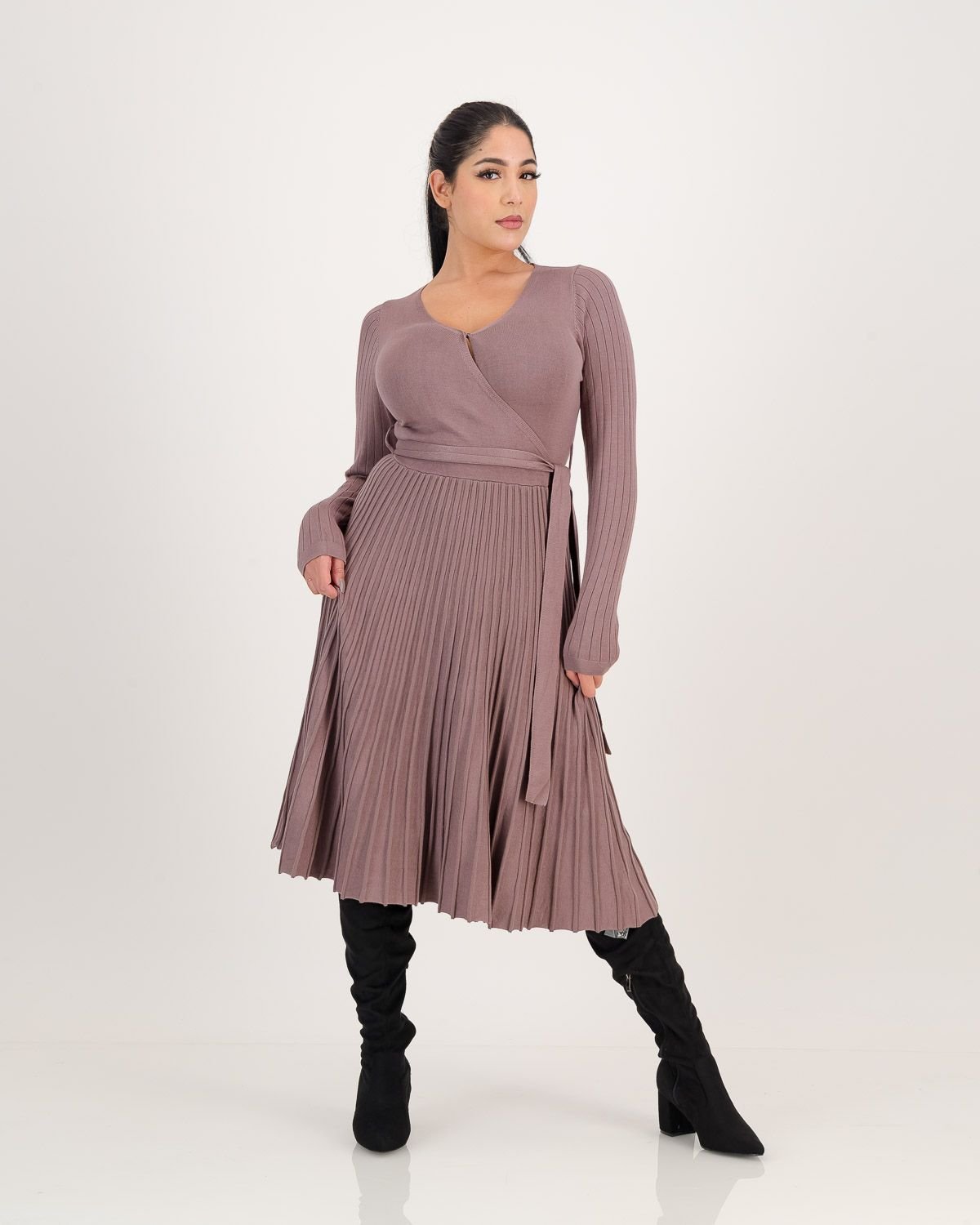 Pleated Knit Dress (Taupe)