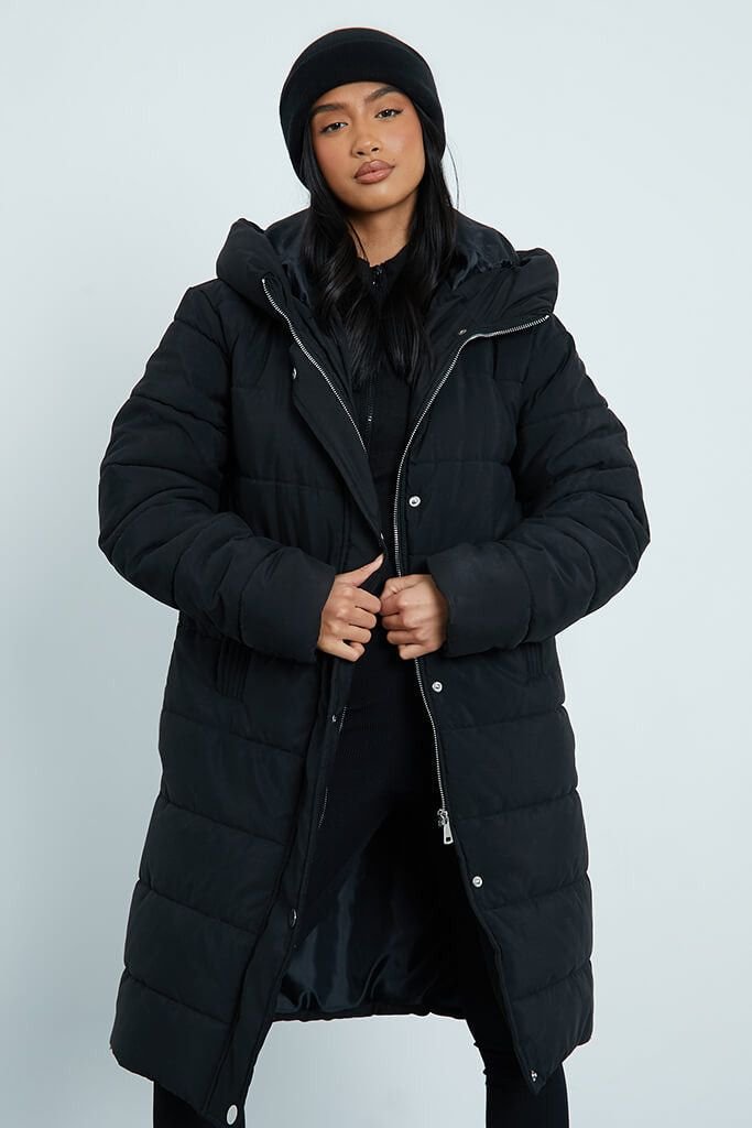 Petite Longline Padded Hooded Coat (Black)