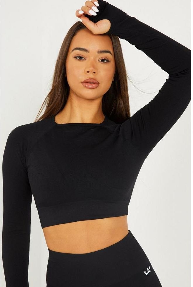 Seamless Long Sleeve Crop Top (Black)