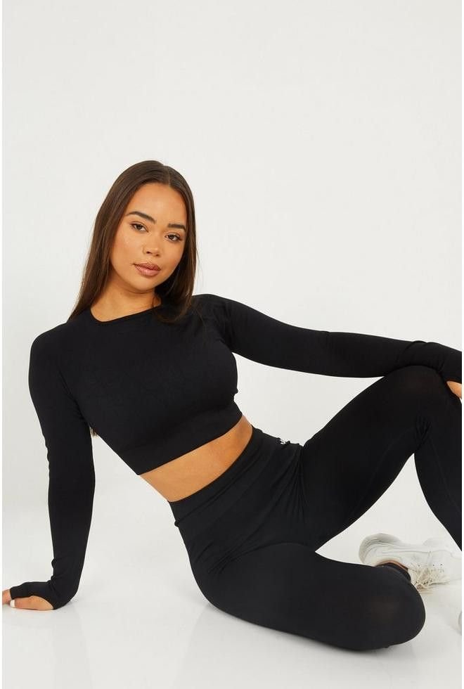 Seamless Long Sleeve Crop Top (Black)