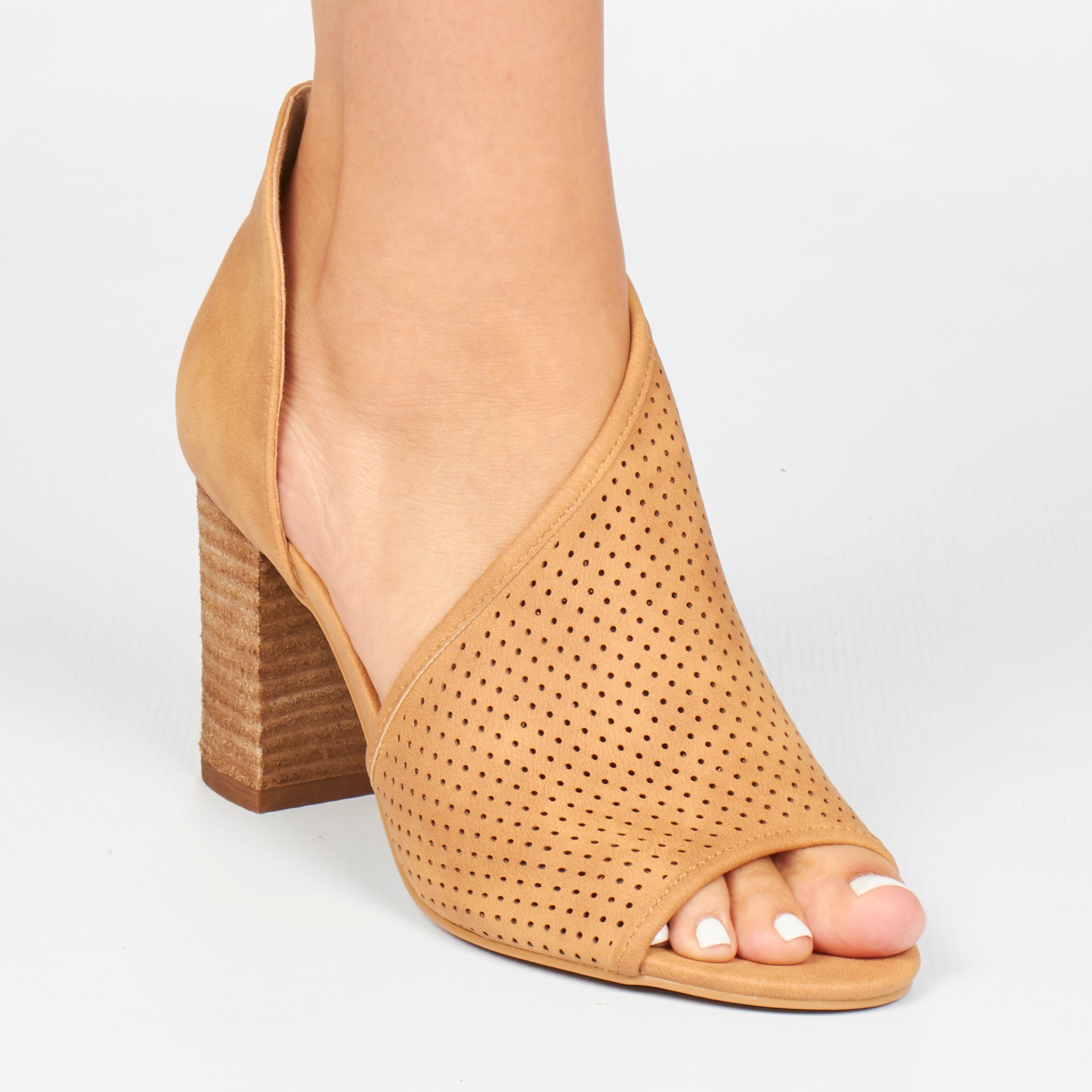 Tan peep toe block new arrivals heels